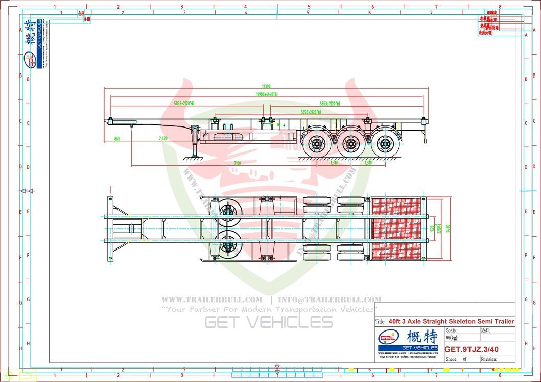 3 Axles 40FT ISO Straight Skeleton Truck Trailers with BPW Axle 12t and Mechinical Suspension for Heavy Duty Container Transit