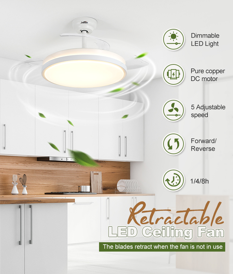 Retractable Blades and Light 42 Inch White Fancy LED Ceiling Fan Metal Acrylic Material 2-
