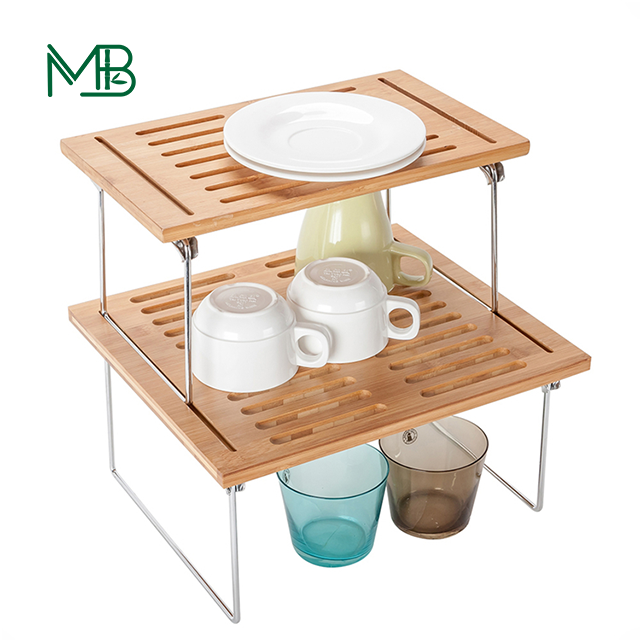 Natural Bamboo Free Standing Shelf Stackable Kitchen Cabinet Organizer
