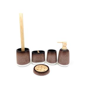 Quality 5pcs Ceramic Look Polyresin Bathroom Accessories Set Toothbrush Tumbler Holder With Wood Parts wholesale