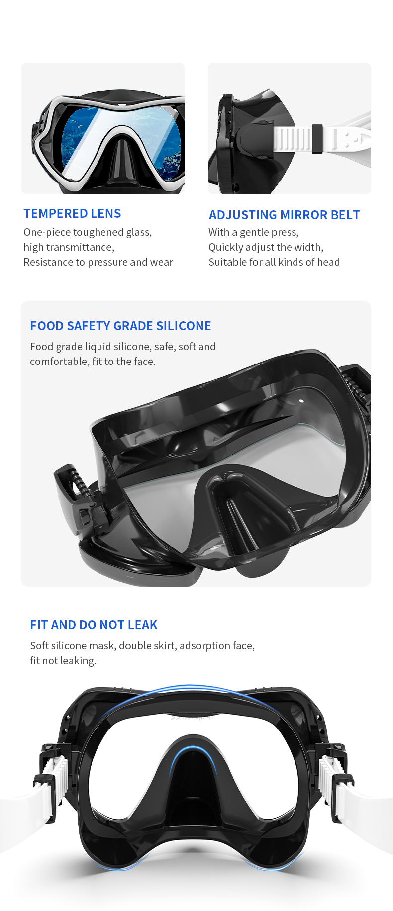 Tempered Glass Silicone Snorkeling Goggles Diving Mask Wide View For Underwater