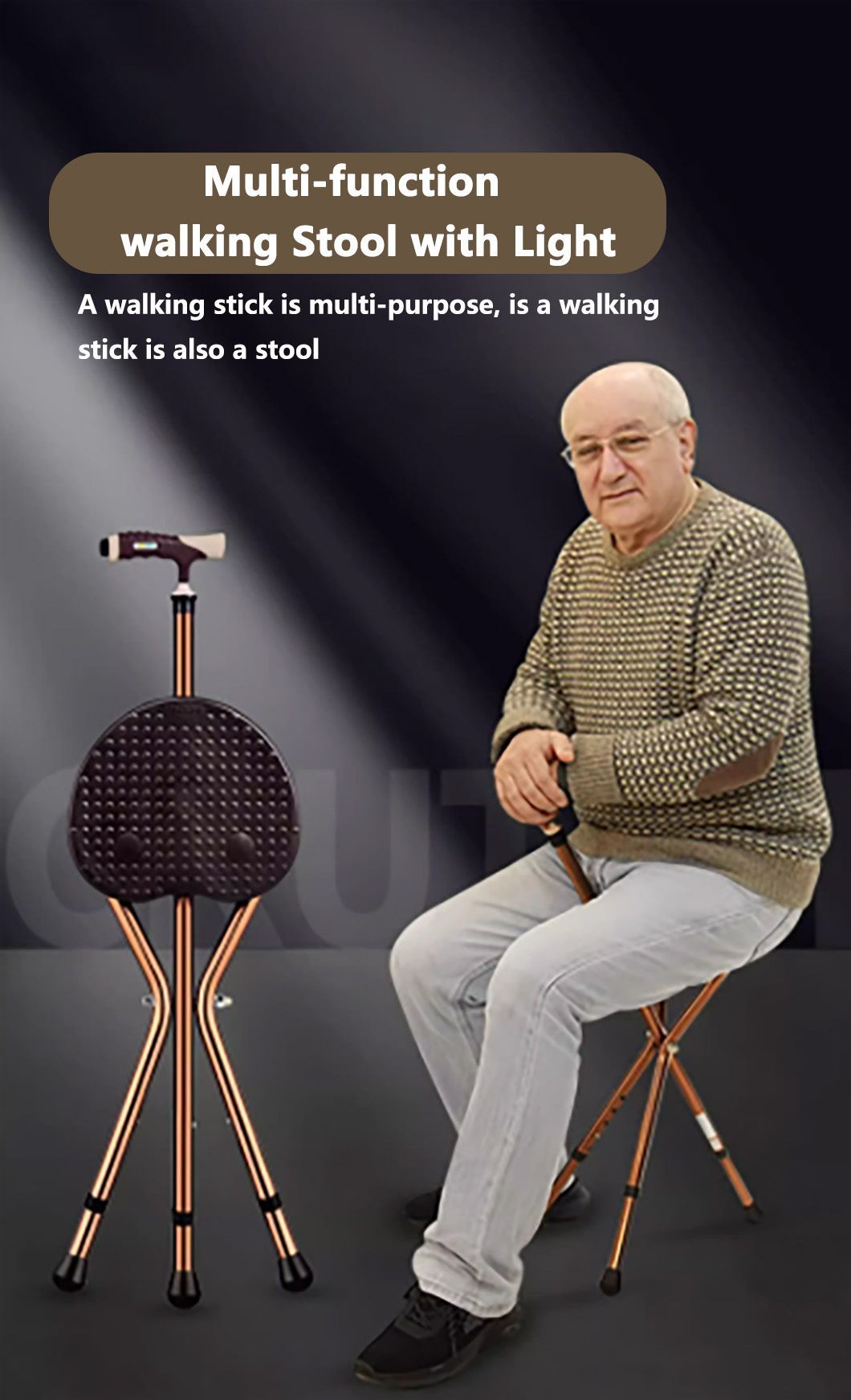 Wholesale Medical Handicapped Home Nursing Folding Shower Crutch Chair 3 Legs Walking Stick Chair with Seat