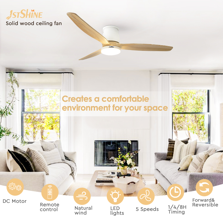 15CM Suspender Natural Wood Blades LED Ceiling Fan for Customizable Energy Efficiency