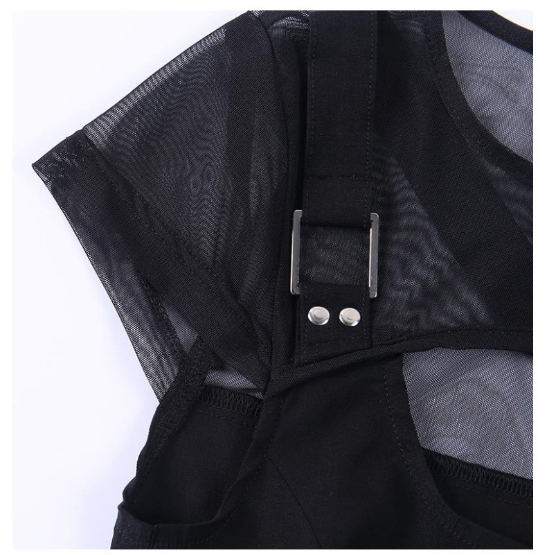 European and American modern punk style dark black sexy mesh stitching perspective hollow dress