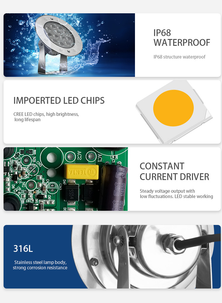 Stainless Steel SMD3030 LED Underwater Swimming Pool Lights IP68 Waterproof 1600LM