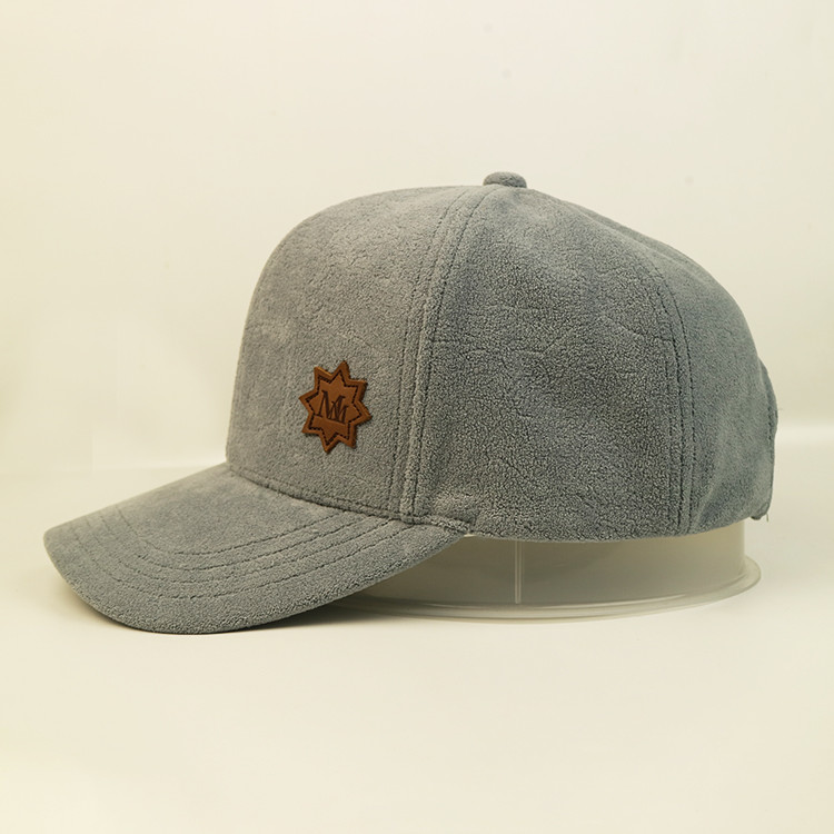 Bsci Polyester Plush 6 Panel Baseball Cap With Leather Patch Custom Logo