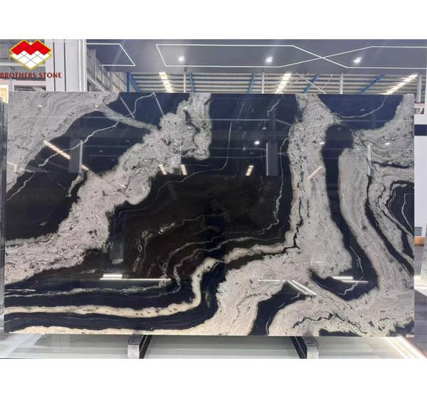 Modern Black Kitchen Countertop with Cabinets Stone Name Ink Impression Marble
