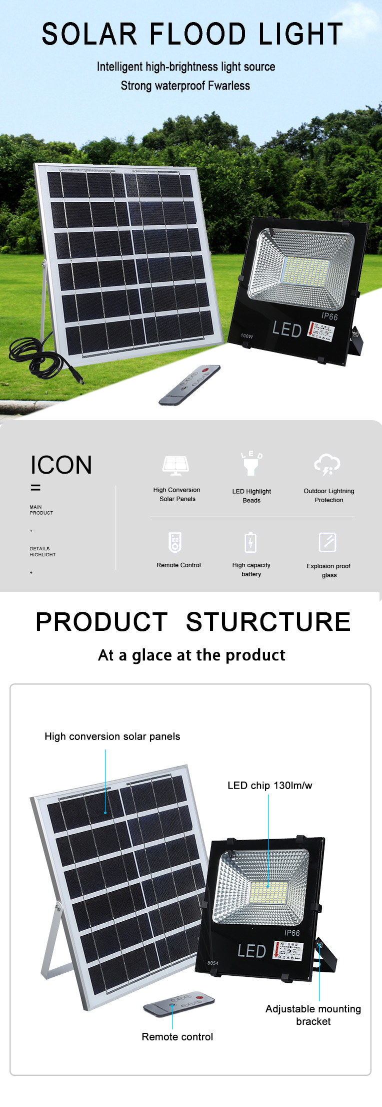150 Watt IP66 Solar Flood Lights Multi Function Remote Control