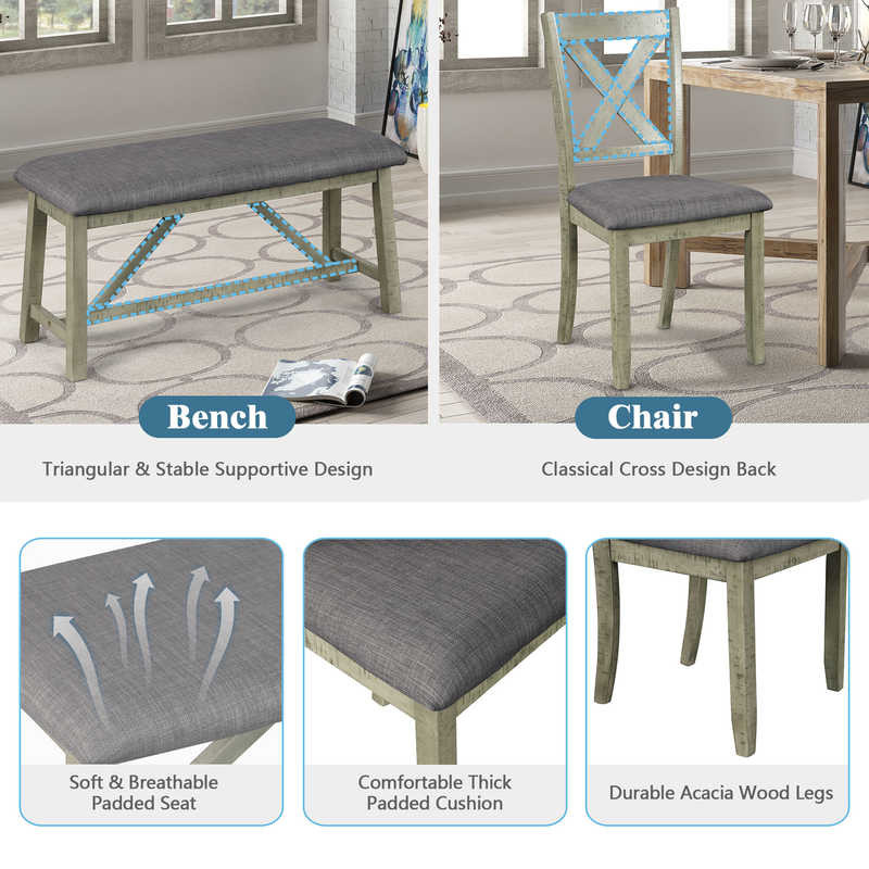 60inch length 6 Piece Dining Room Table And Chair Set Gray Color