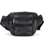 Black Men Leather Travel Waist Bag Lining 210 D 4 Zipper Pocket Adjustable Strap