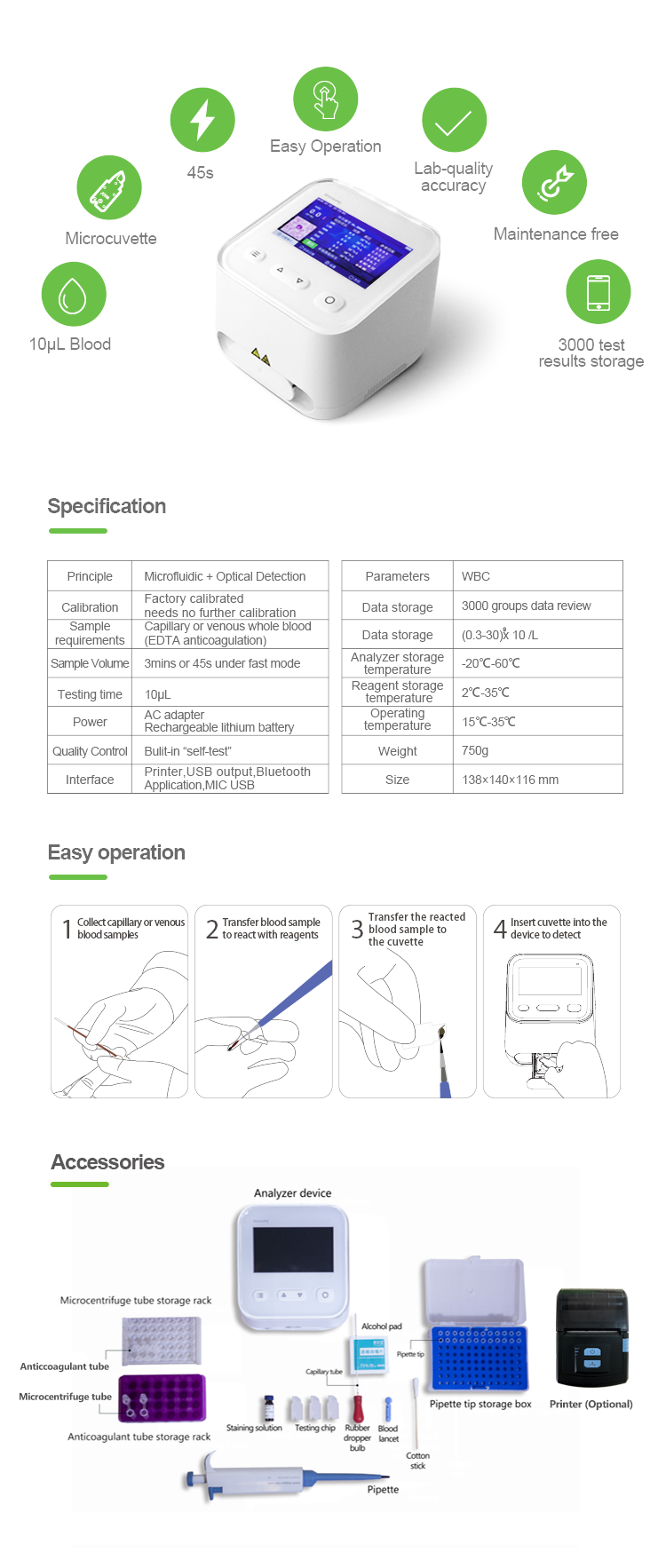 blood cell counter auto 5 parts CBC analyzer with microfluidics chips
