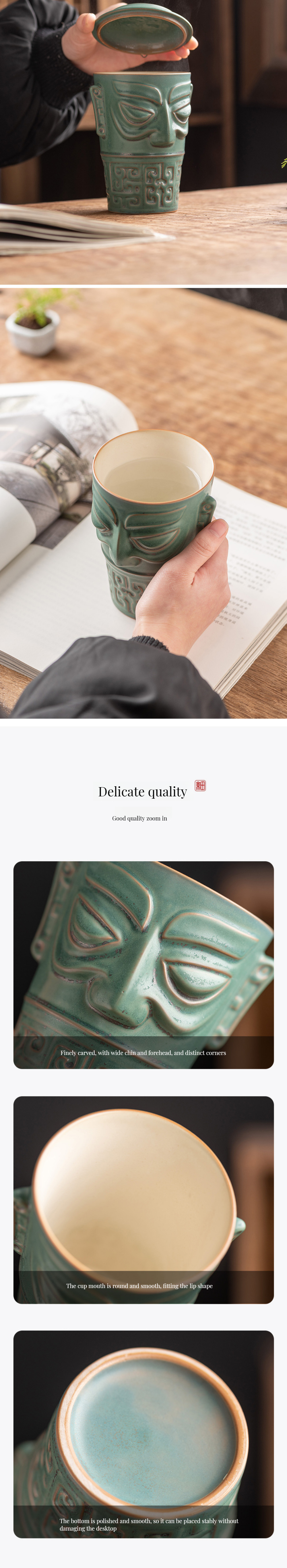 Customized Logo Acceptable End Sanxingdui Large Capacity Ceramic Mug with Lid and Spoon
