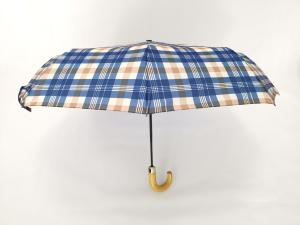 Quality Mens Three Fold Umbrella With Tartan Design Fabric And Wooden Handle For Adults wholesale