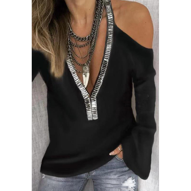 Strapless Women'S Solid Color Sweater Deep V Neck Long Sleeve Ladies Stylish Tops