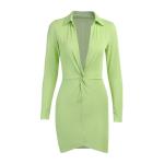 Green Sexy Long Sleeve Mini Dress High Waist V Neck