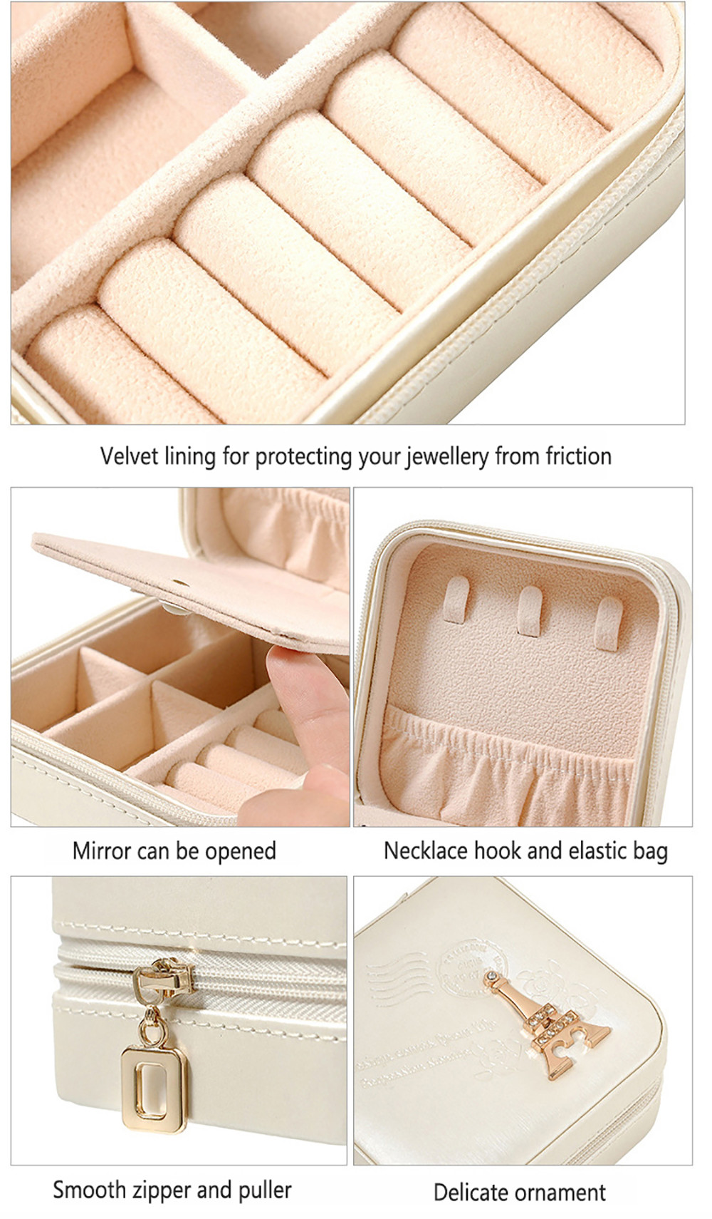 Mirrored Pu Leather Portable Travel Jewelry Case With Zipper Closure