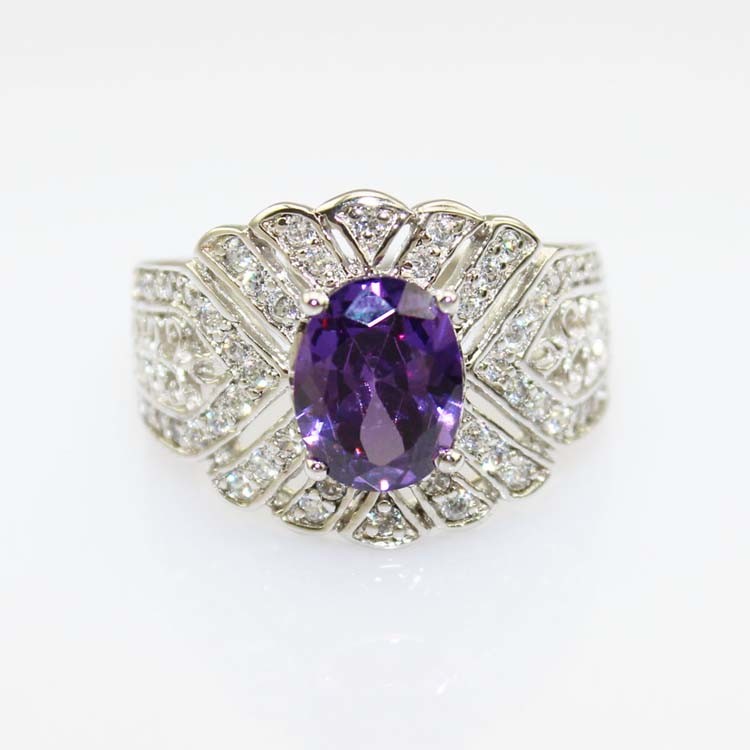 Solid 925 Silver Ring with 7x9mm Oval Created Amethyst Cubic Zirconia(JY037)