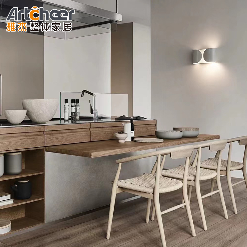 Minimalist Italian Design Stone Top Handles Solid Modern Wood Kitchen Cabinets Base Cabinet Doors