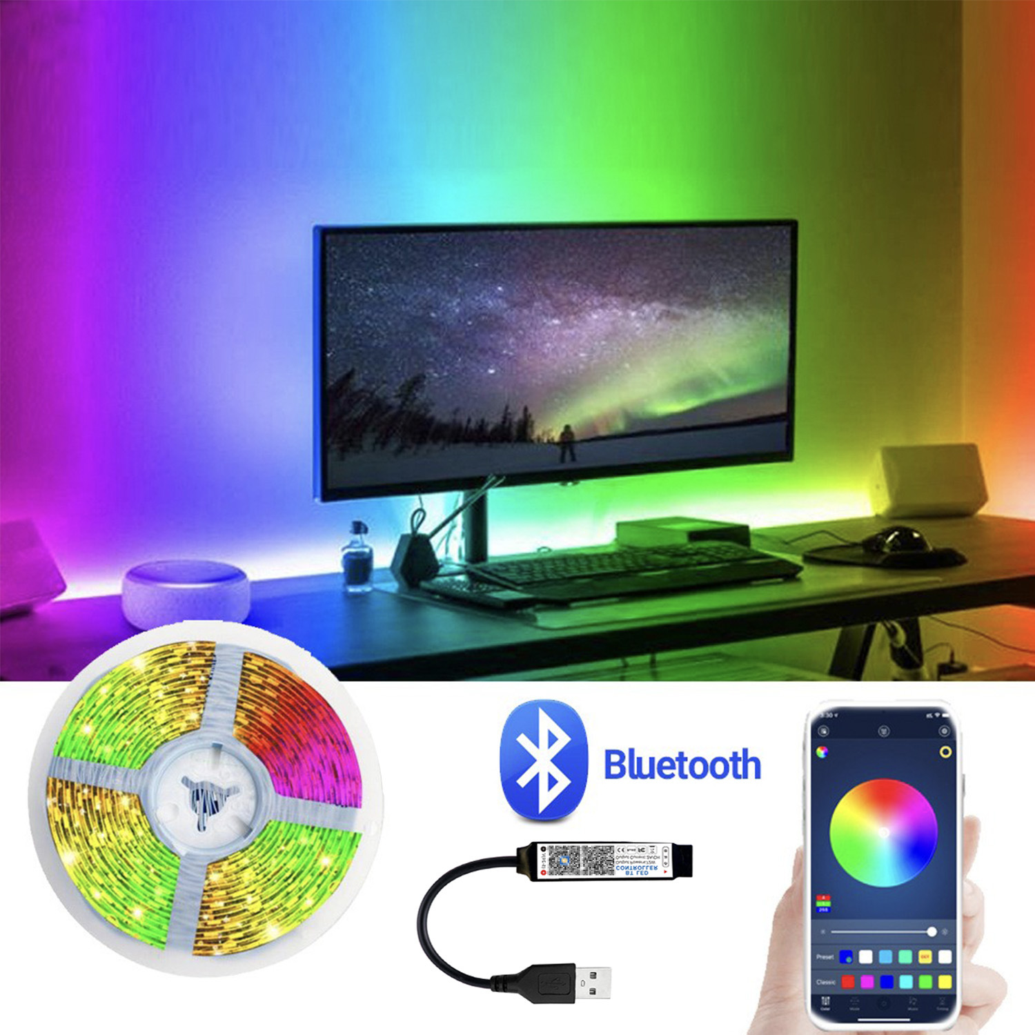 TV Lighting With 5m RGB LED Strip Light Set And Bluetooth Control