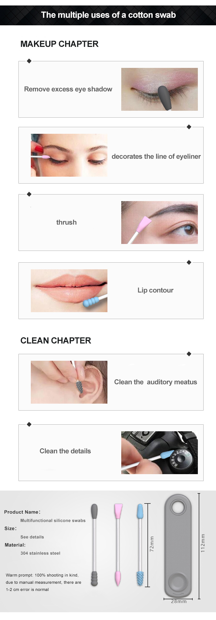 Portable Double-headed Reusable Ear Stick In Box Makeup Silicone Cotton Swab