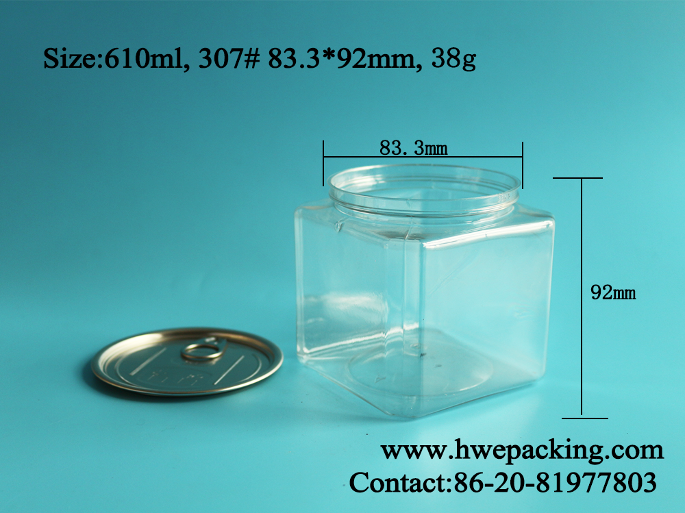 610ml Square Dry Fruits Grain PET Can With Aluminum Lid