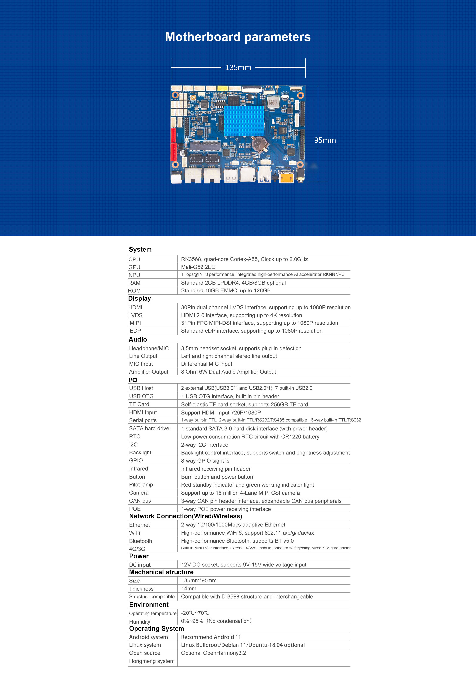 D-3568 Edge Smart Motherboard ARM quad-core A55 Optional OpenHarmony3.2