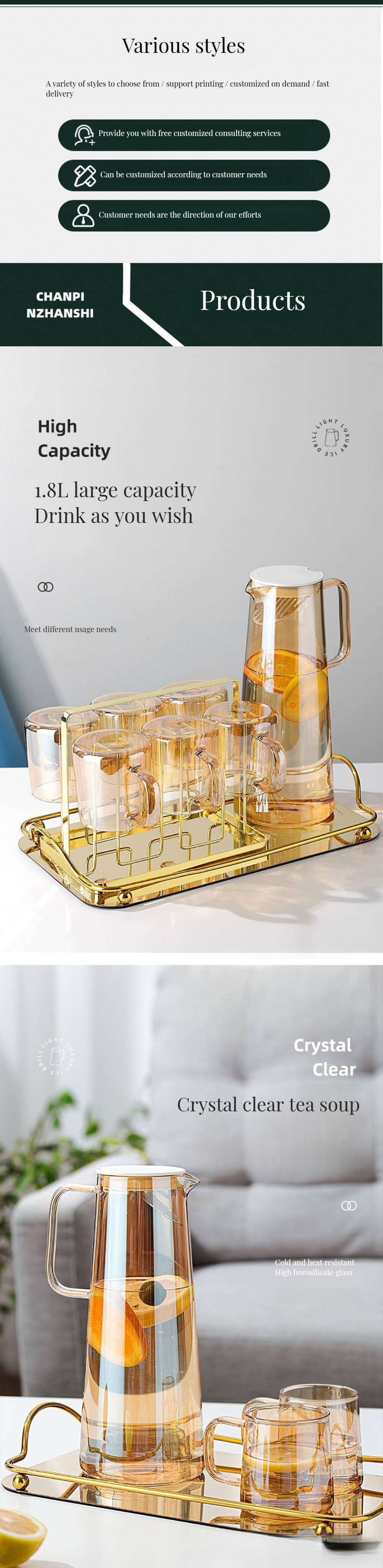 1.5L Capacity Handmade Nordic Design High Borosilicate Glass Water Pitcher Jug Set with Lid Stocked