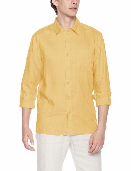 Men'S Collared Yellow Plain Linen Shirt Lightweight Long Sleeve Shirts For