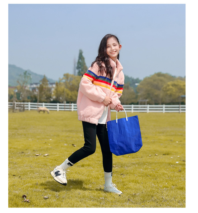 Girls Lamb Wool Coat Thickened Stitching Color Striped