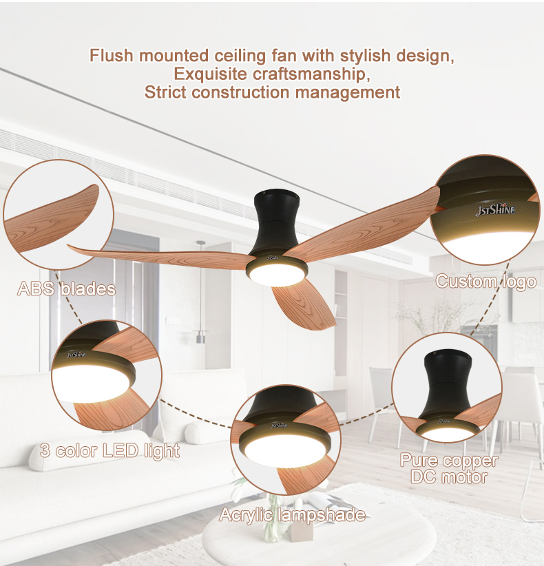 DC Motor LED Ceiling Fan with Remote Control and Low Profile Design 3 ABS Plastic Blades