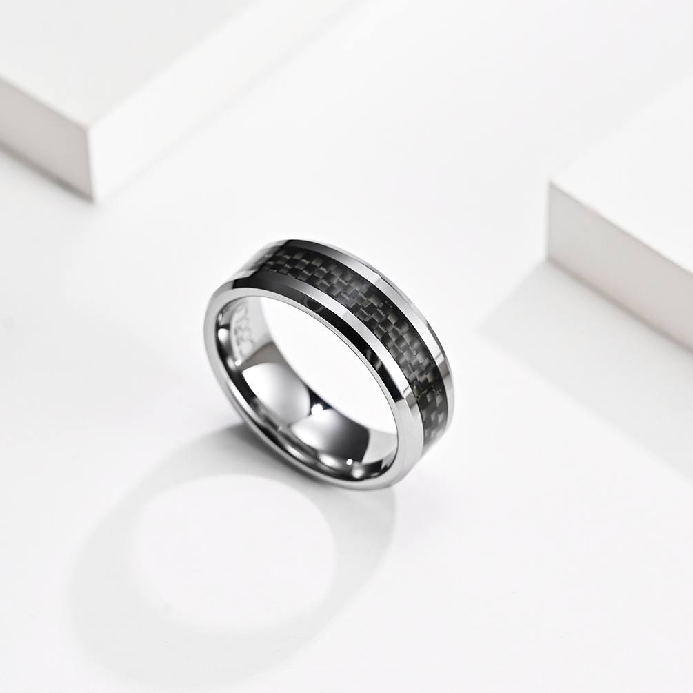 Round Rotatable Polish Black Silver Simple Men Rings Stainless Steel And Carbon Fiber Rings