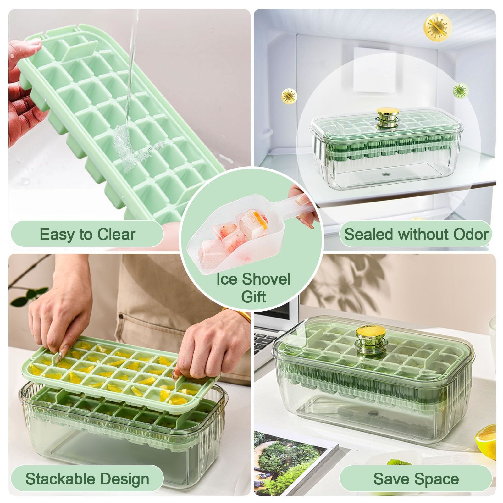 Freezer Food Grade Lce Cube Tray With Lid And Bin BPA Free Silicone Ice Cube Trays Molds