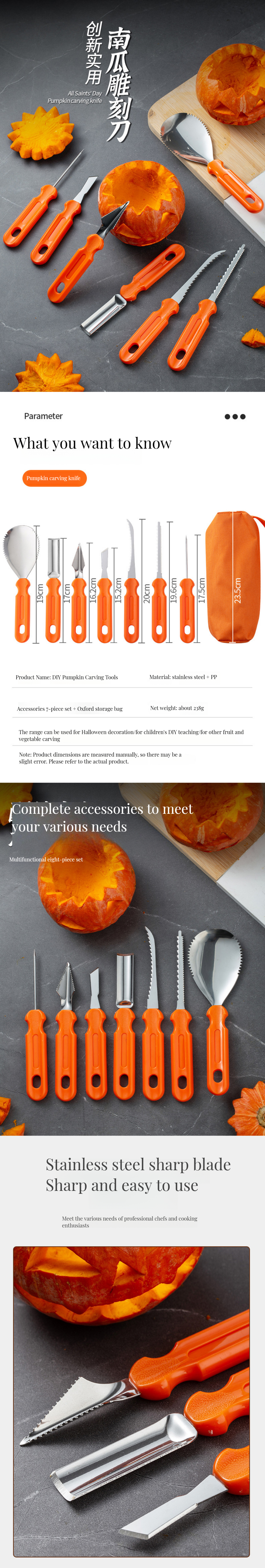 Customized Logo 7pcs Stainless Steel Pumpkin Carving Tools Set for Vegetable Carving