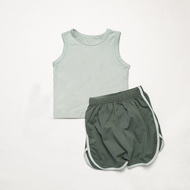 Little Girl Boy Two Pieces Jersey Tank Top Set Cotton Summer Tee & Shorts Printed