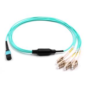 Quality Female to 4 LC Duplex MPO Breakout Cable 8 Fibers OM3 OFNR Aqua Jacket wholesale