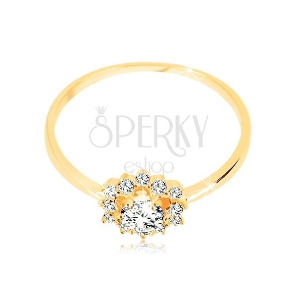 Ring made of yellow 9K gold - clear zircon sun, glossy narrow shoulders