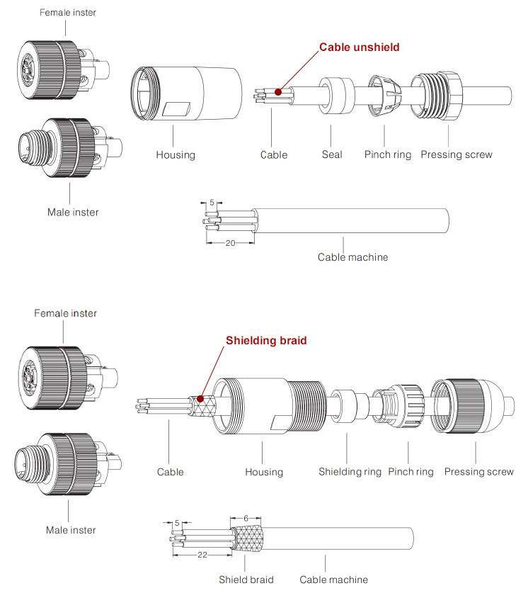 IP68 3 - 17 Pin M12 Waterproof Connector Fielded Installation Screw Plug Socket