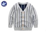 Vertical Stripes Grey Navy Boys Knitted Cardigan Sweaters / Double Layer Kids