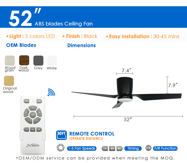 Low Profile Ceiling Fan with Safety Remote Control and 3 Color LED Light by 1stshine