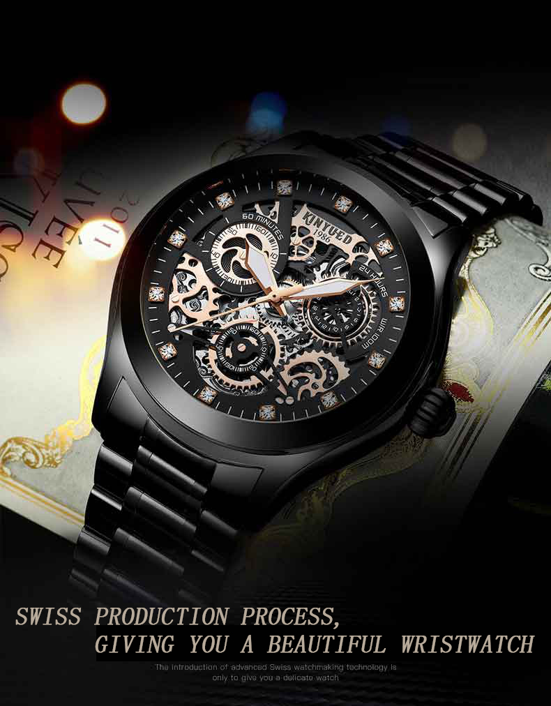KINYUED J062 oem waterproof custom logo leather fashion tourbillon skeleton wrist watch luxury mechanical watch men wris
