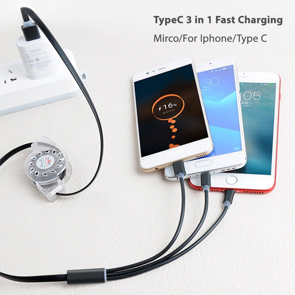 OEM 3 In 1 Braided Charging Cable Rectracable Cord Organizer For Smart Phone