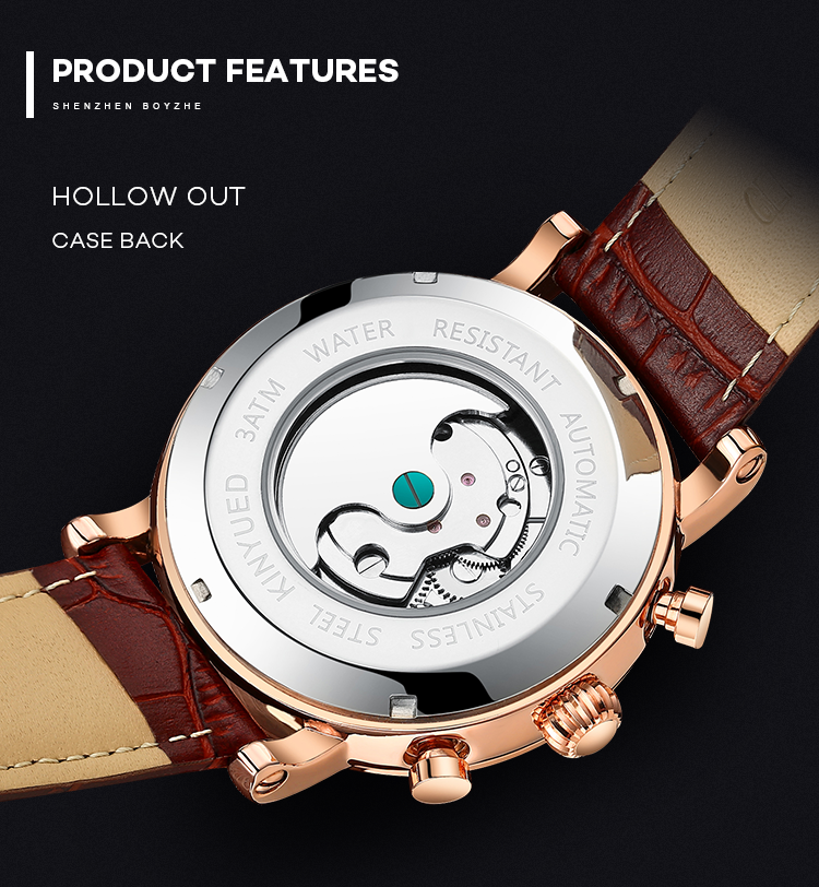 KINYUED J017-1 White Dial Gold Case Leather Strap Complete Calendar Skeleton Automatic Mechanical relojes Watch