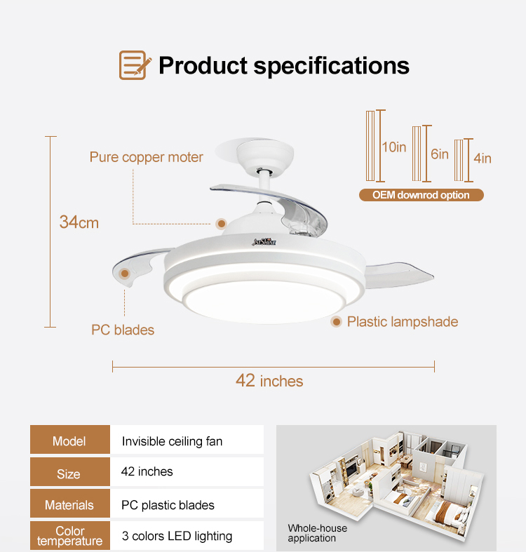 42 Inch LED Ceiling Fan with Hidden Blades and Metal Acrylic Material by 1stshine
