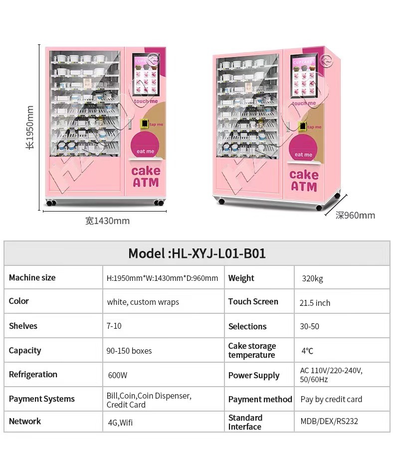 Lift System Refrigerator Automatic Cupcake Vending Machine Salad Fresh Food Vending Machine With 21.5inch Touch Screen