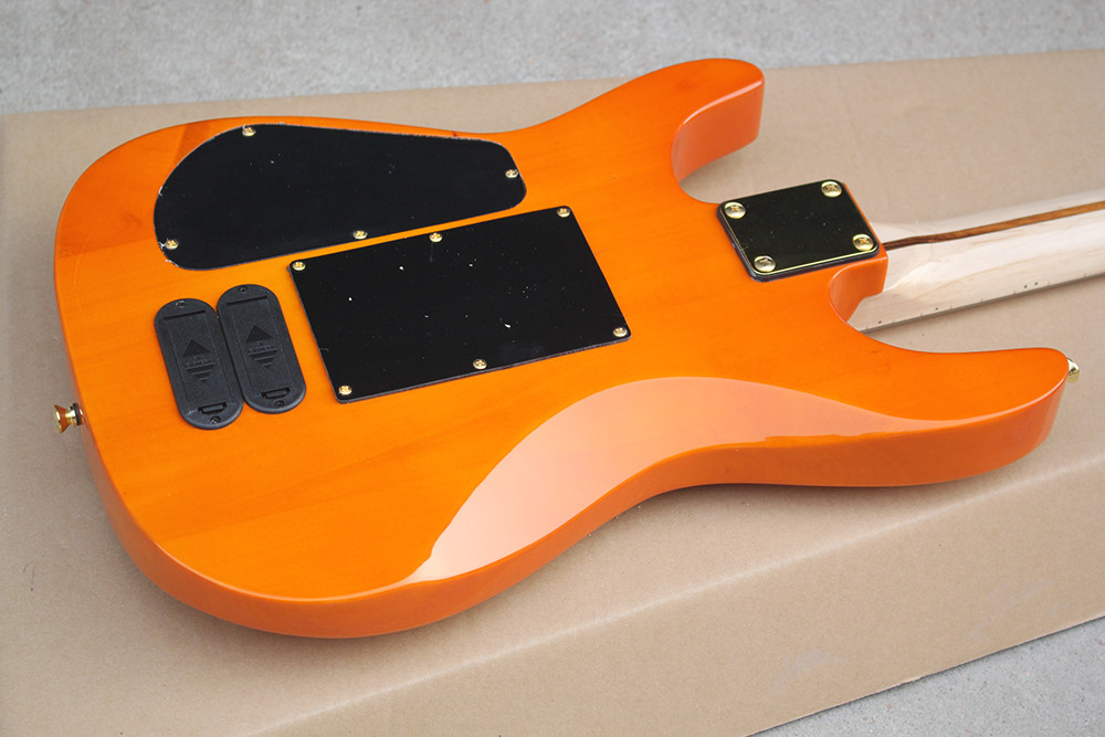 Factory Custom Orange Electric Guitar with Floyd Rose,3 Pickups,No Frets Inlay,Gold Hardware,Flame Maple Veneer