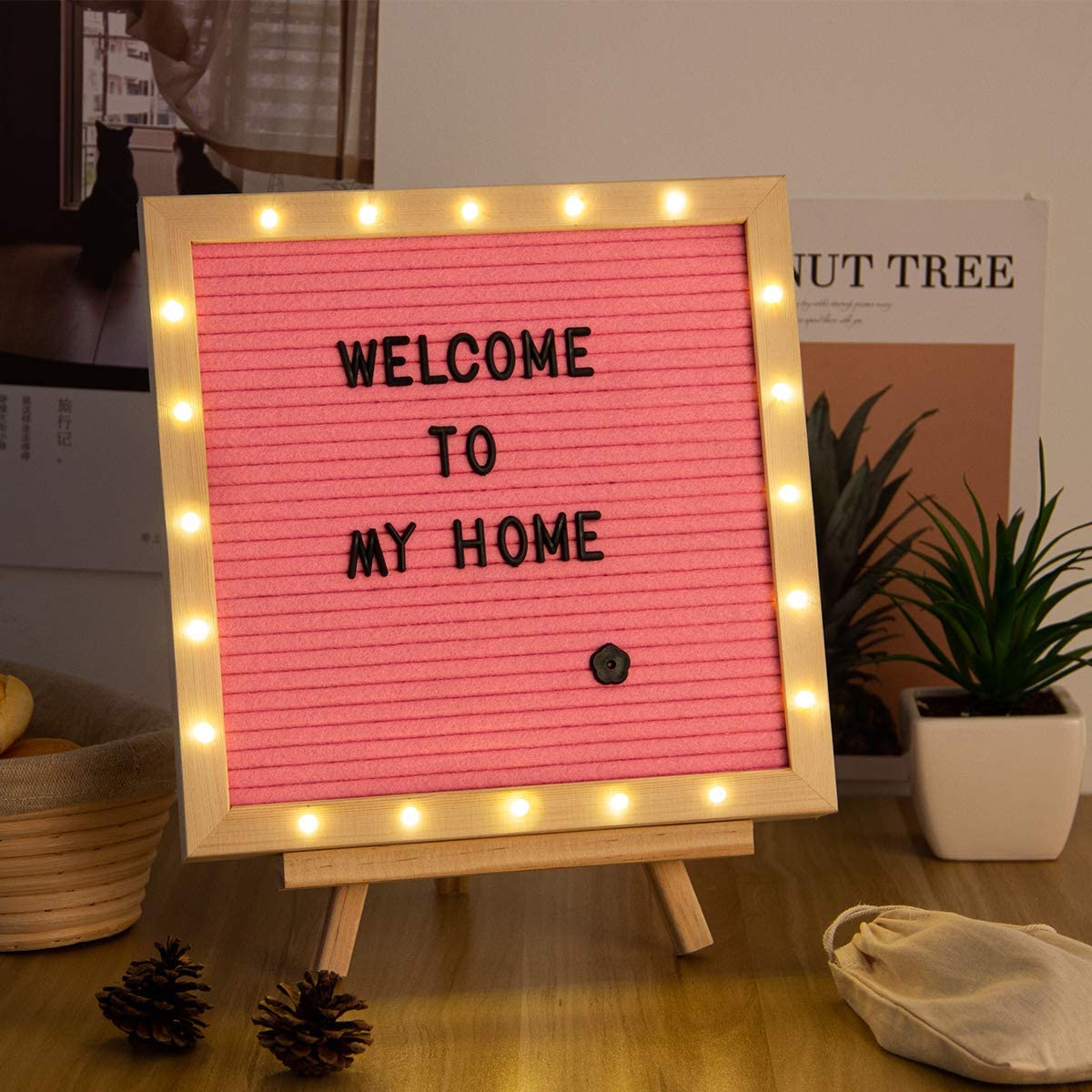 Pink LED Lights Message Felt Letter Board 10X10 With Stand Letters And Numbers
