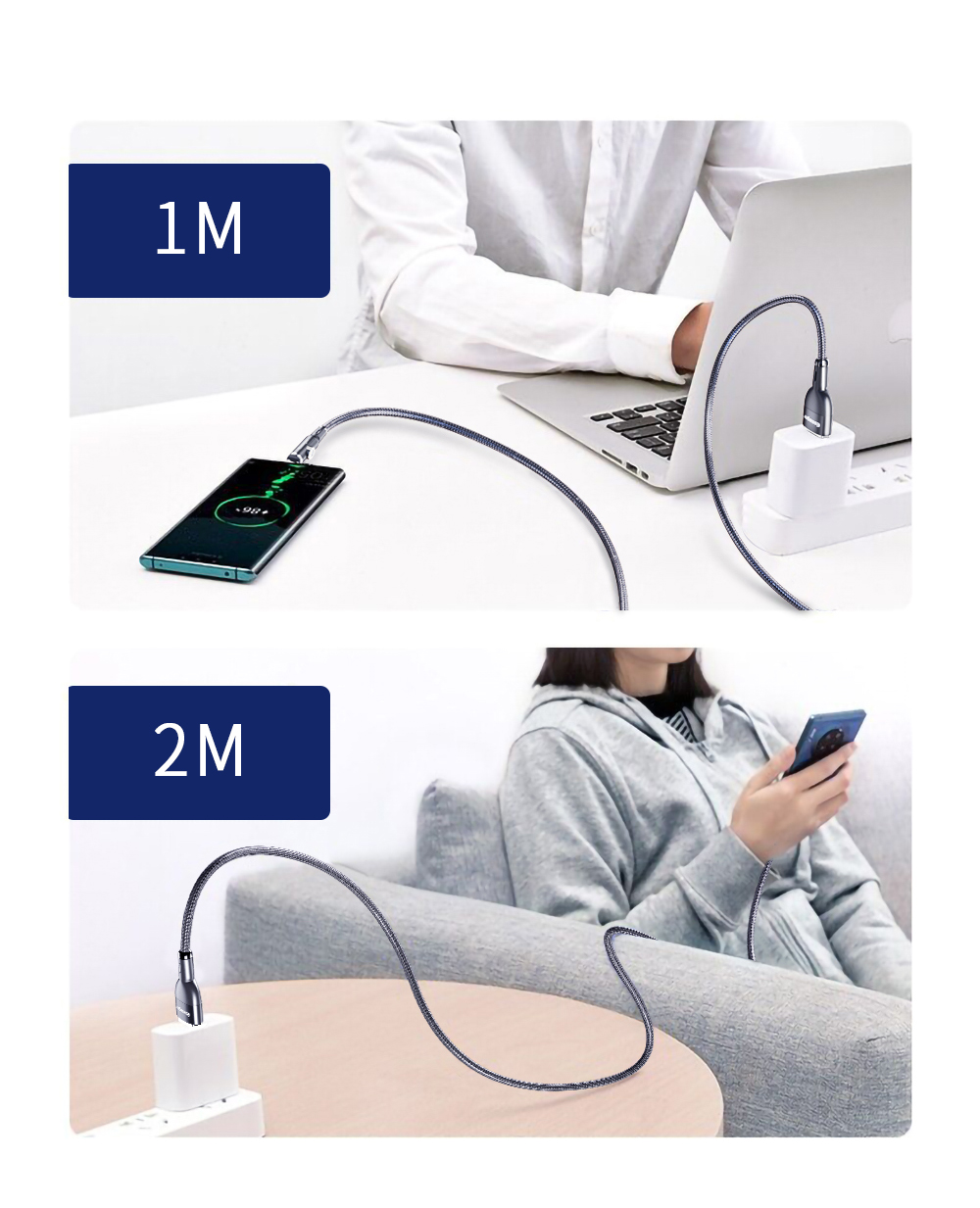 Type C Micro USB IOS LED 3 In 1 Magnetic Charger Cable With Two Head Charging