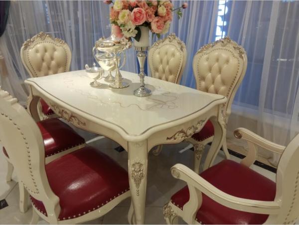 Six Seat Classic French Furniture White Dining Table Rose Carve Pattern Crooked