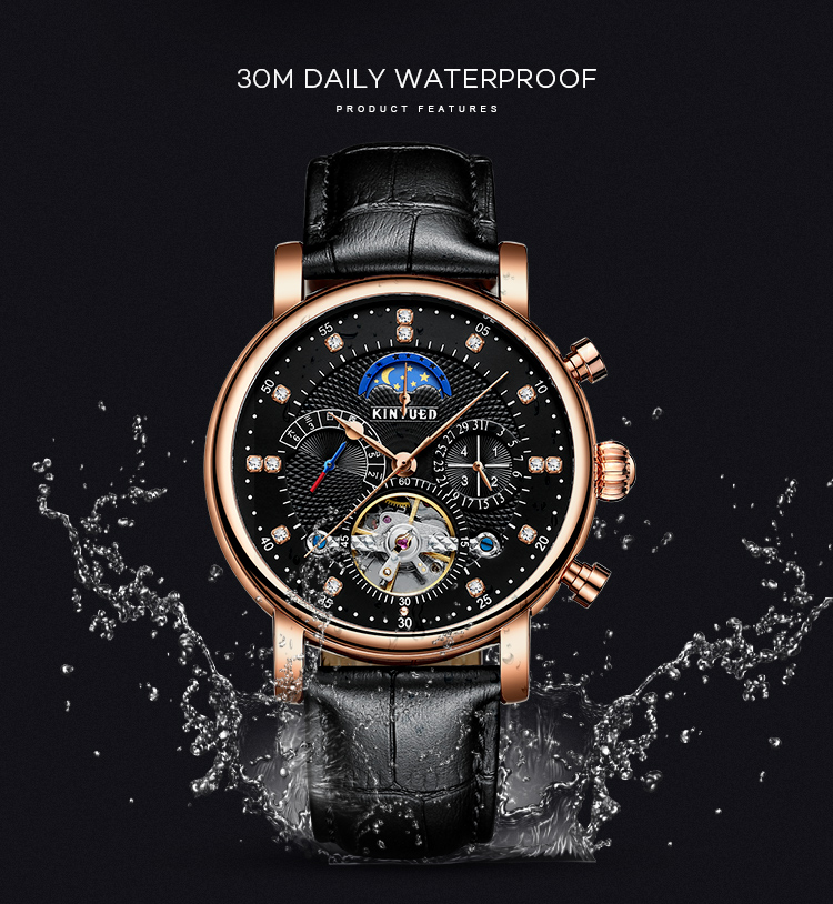 KINYUED hot sales Fashion Tourbillon Automatic Movement Mens Automatic Mechanical Watch Genuine Leather Wristwatch