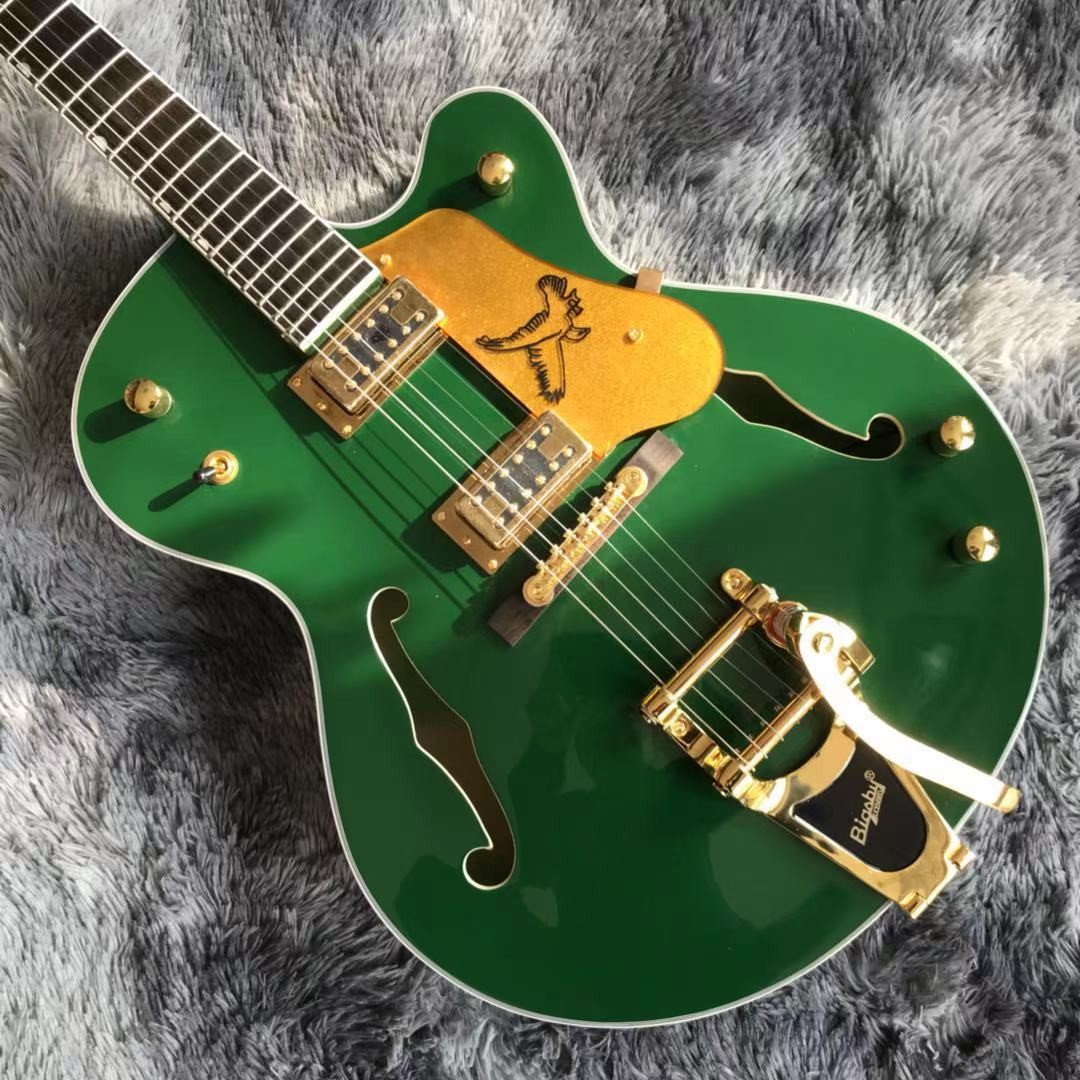 Custom Gret Electric Guitar in Green Color Semi Hollow Body Jazz Electric Guitar With Bigsby Tremolo and High Grade Tune